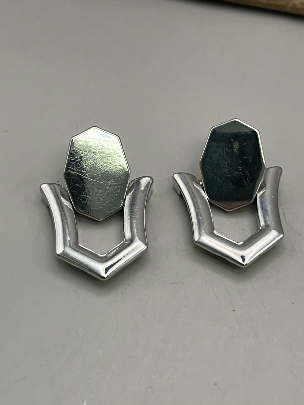 Vintage Inspired Silver Tone Geometric Statement Stud Earrings Art Deco Shield